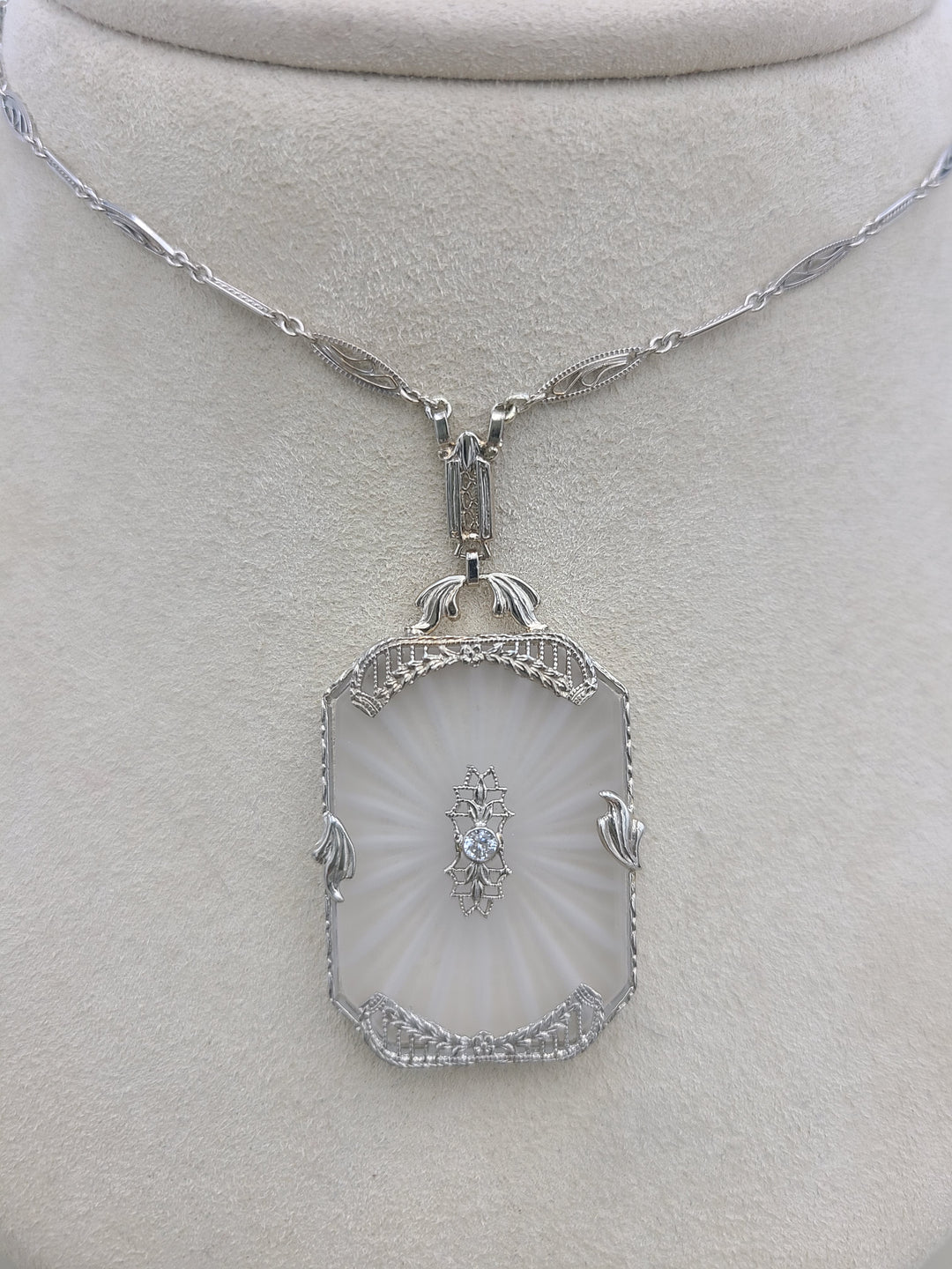 k887 Beautiful Vintage Camphor Glass and Diamond Pendant on 14" Filigree Necklace