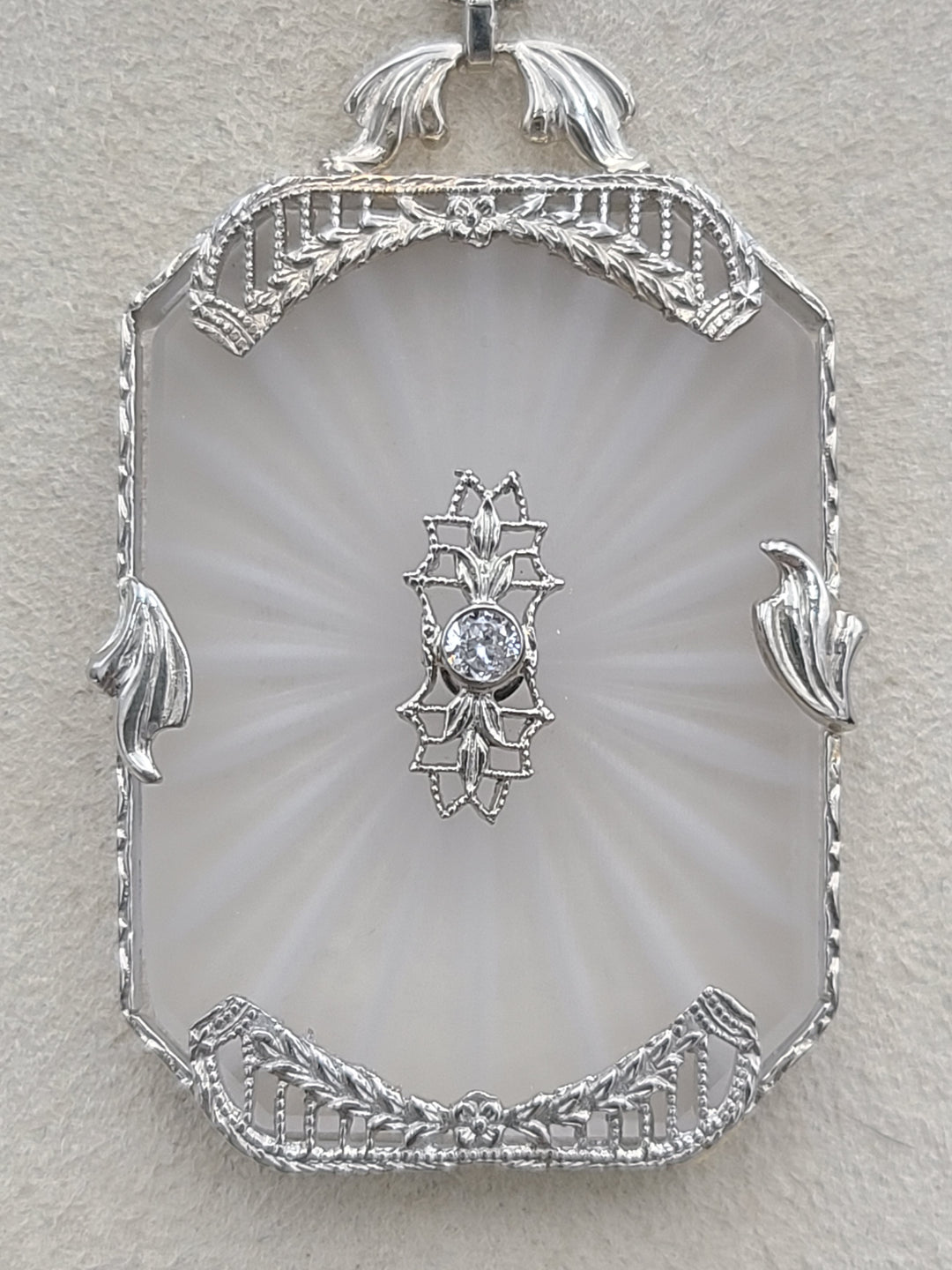 k887 Beautiful Vintage Camphor Glass and Diamond Pendant on 14" Filigree Necklace