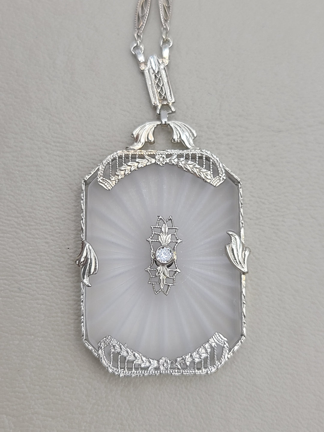 k887 Beautiful Vintage Camphor Glass and Diamond Pendant on 14" Filigree Necklace