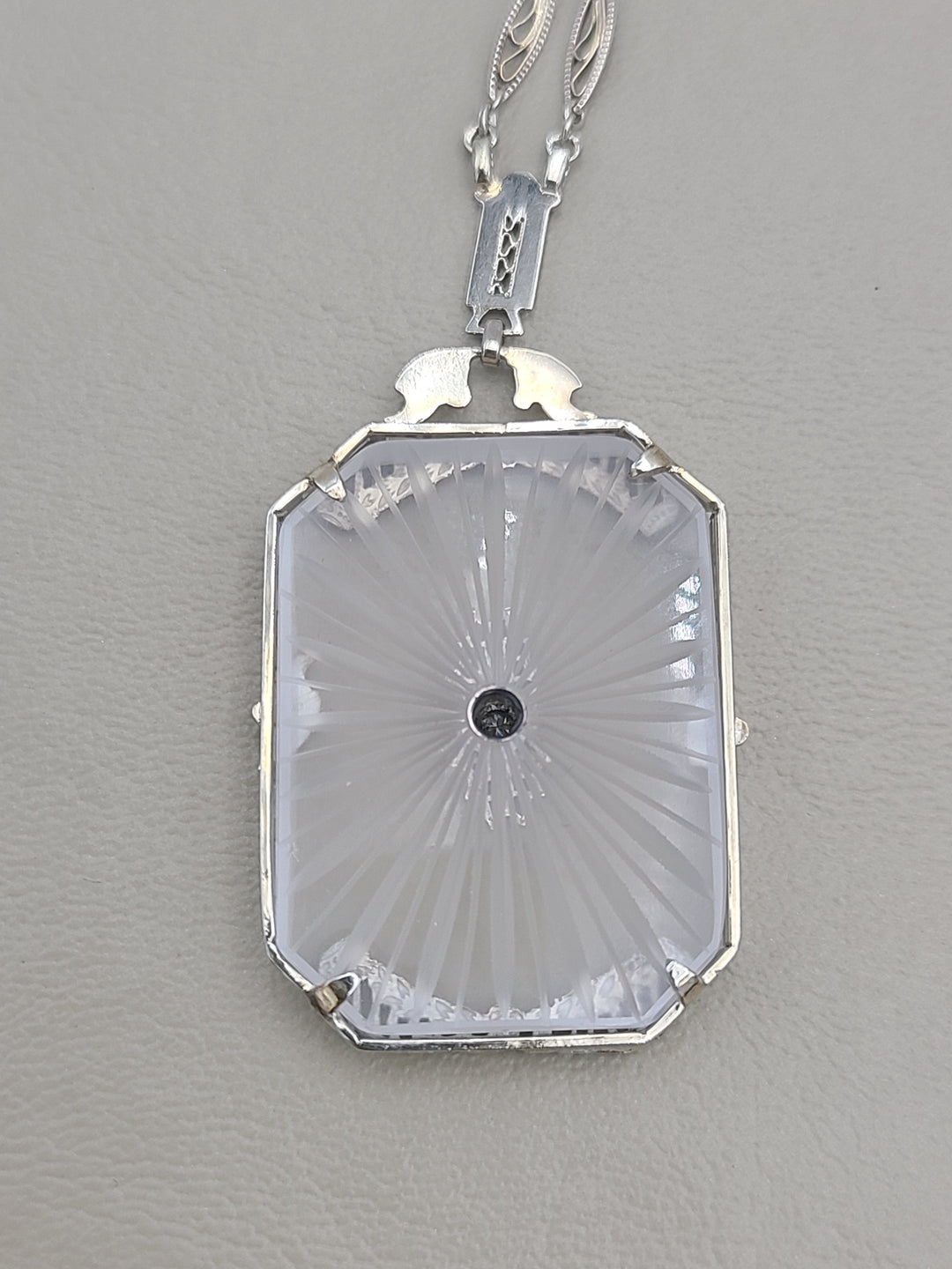 k887 Beautiful Vintage Camphor Glass and Diamond Pendant on 14" Filigree Necklace