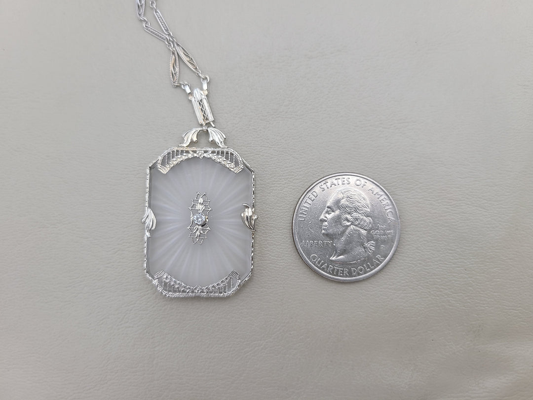 k887 Beautiful Vintage Camphor Glass and Diamond Pendant on 14" Filigree Necklace