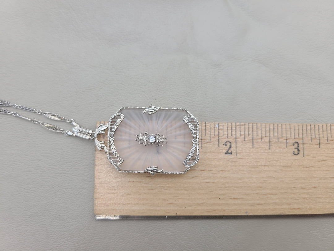 k887 Beautiful Vintage Camphor Glass and Diamond Pendant on 14" Filigree Necklace