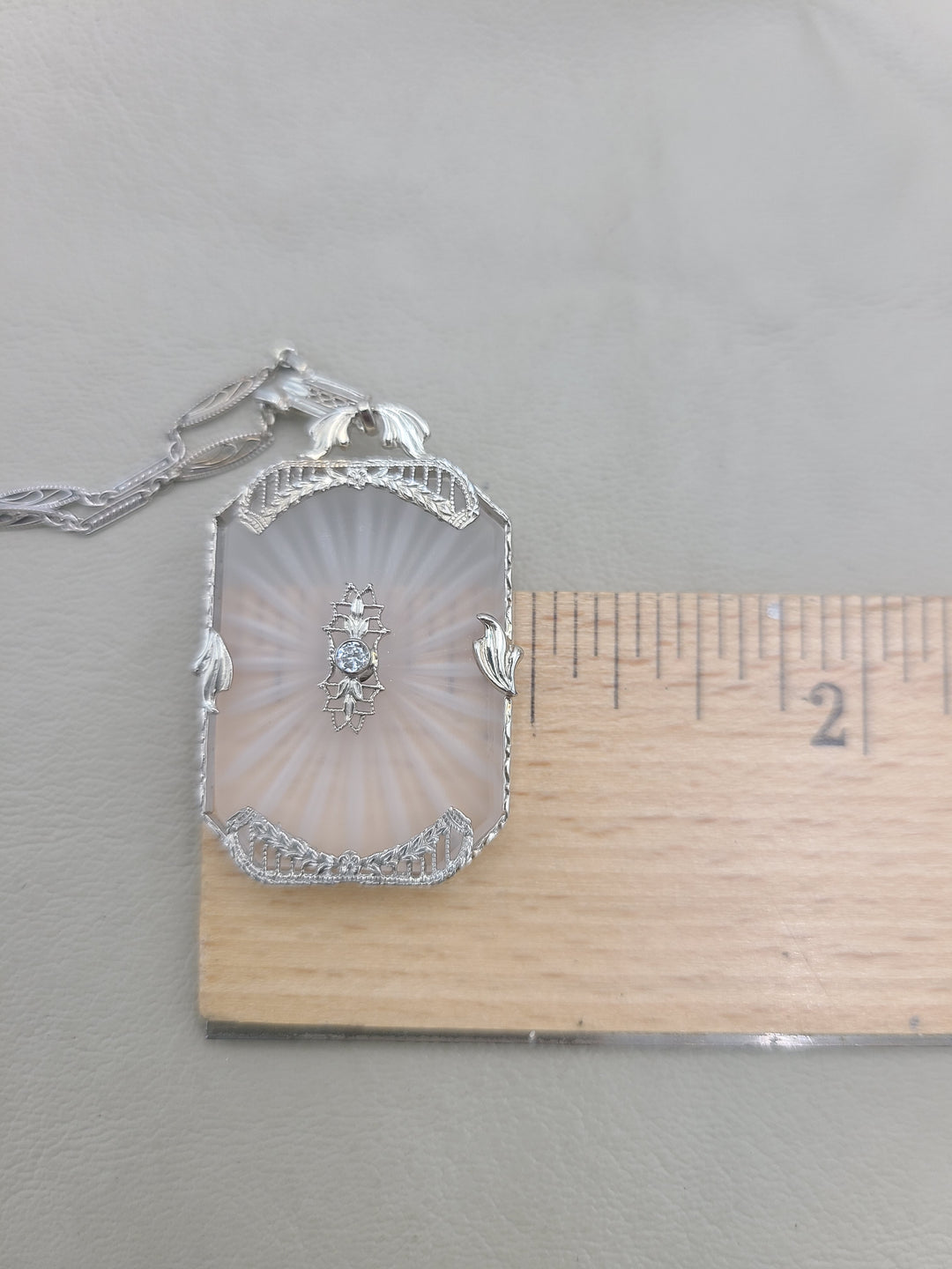 k887 Beautiful Vintage Camphor Glass and Diamond Pendant on 14" Filigree Necklace