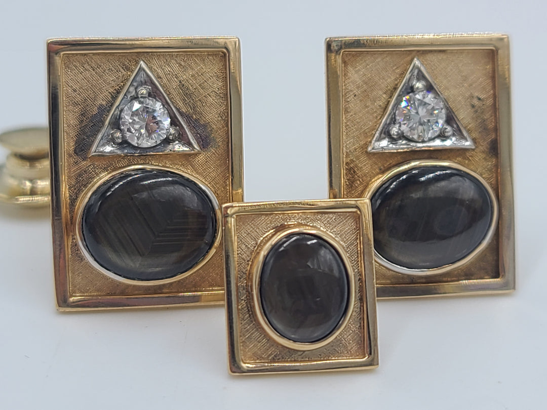 k736 Handsome Men's Diamond and Black Sapphire Cufflinks and Tie Pin Set