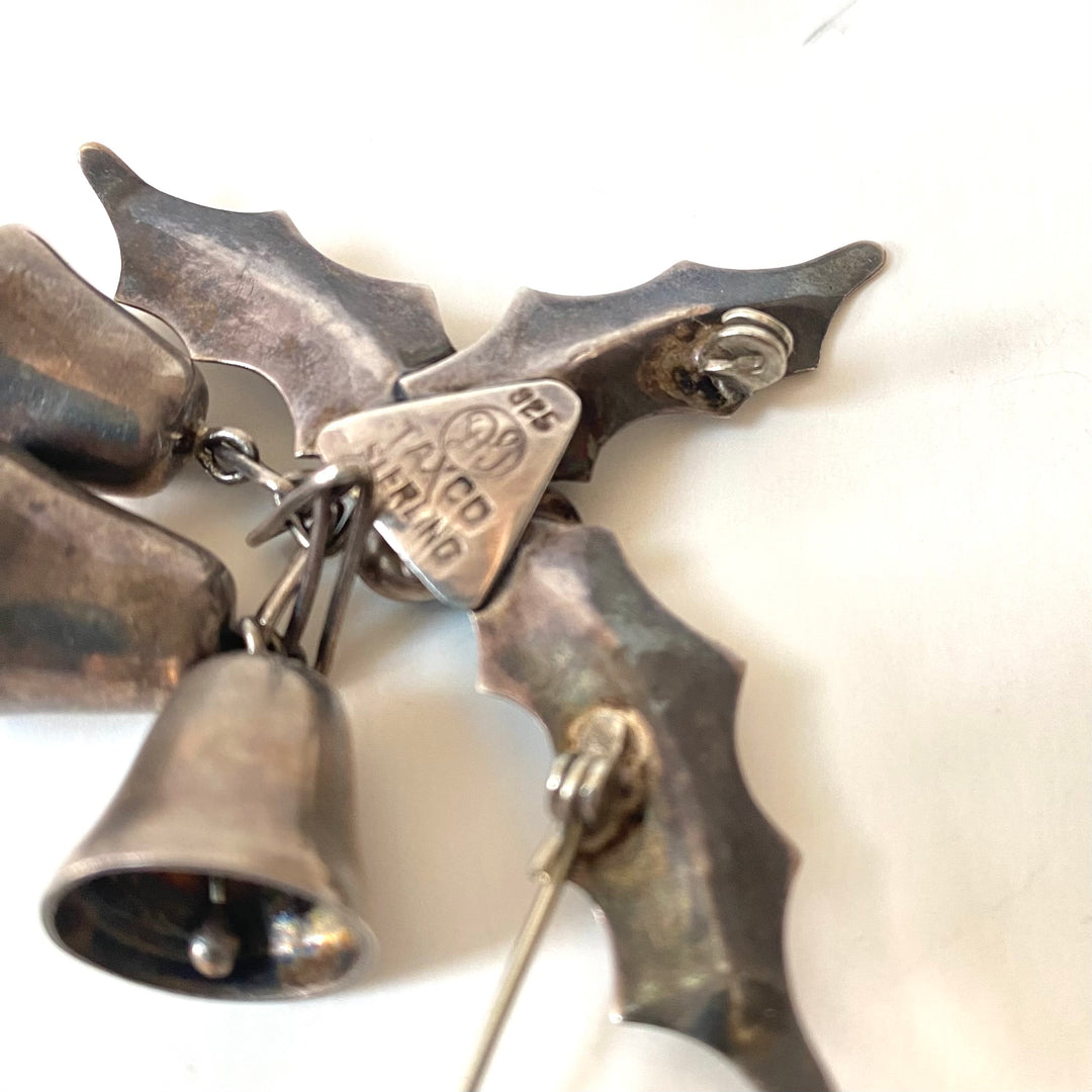 d268 Vintage Sterling Silver Holly Leaves 3 Bells Women's Brooch Pin Taxco 925