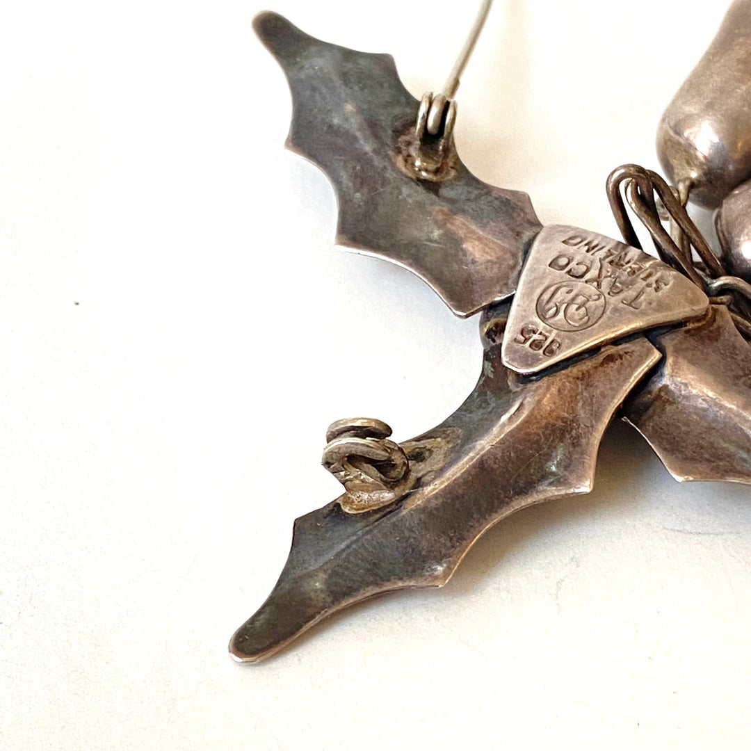 d268 Vintage Sterling Silver Holly Leaves 3 Bells Women's Brooch Pin Taxco 925