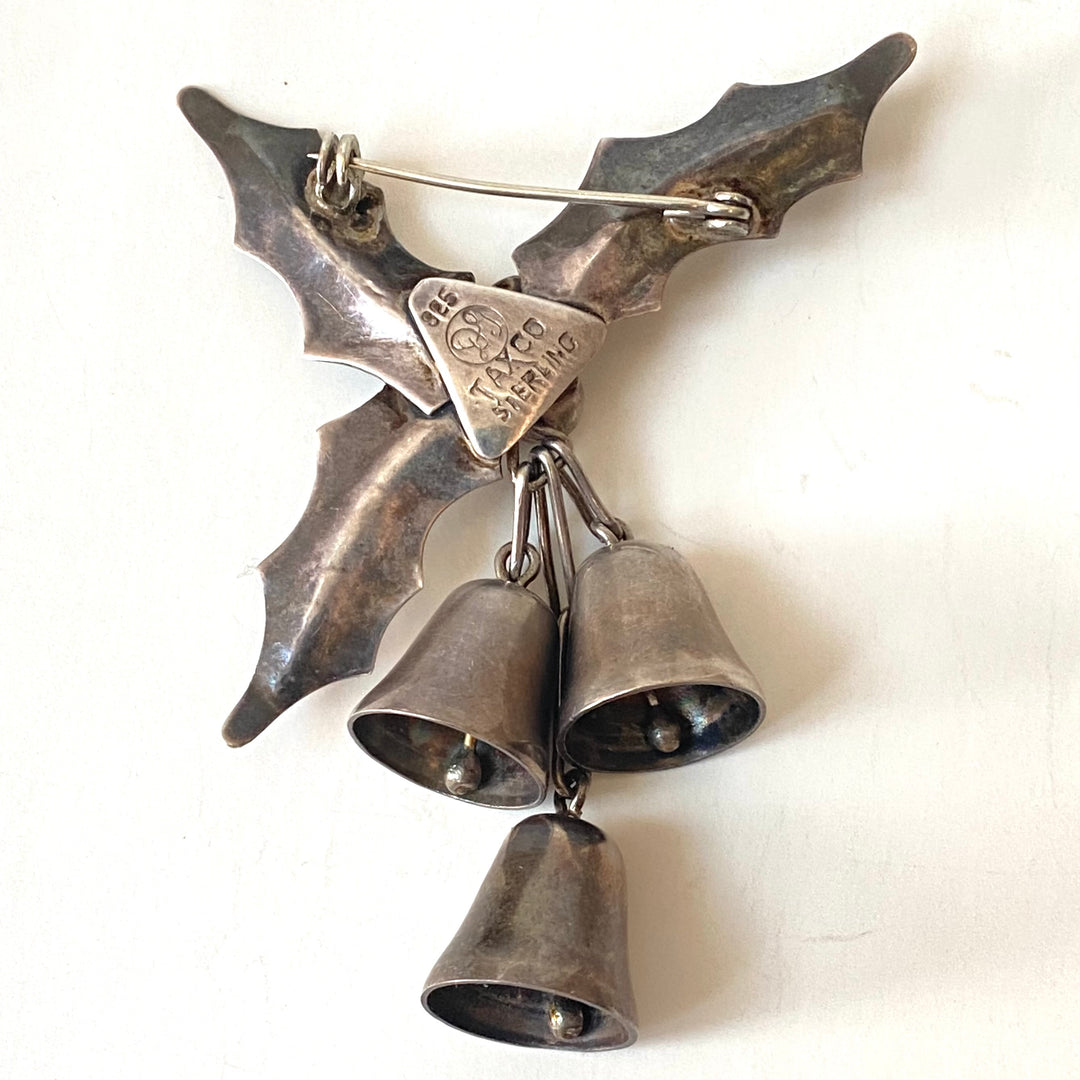 d268 Vintage Sterling Silver Holly Leaves 3 Bells Women's Brooch Pin Taxco 925