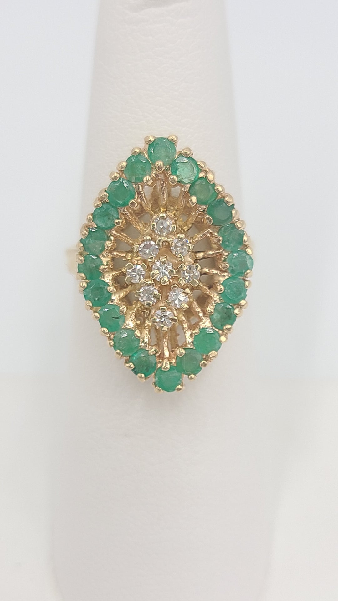 k960 Stunning Vintage 14kt Yellow Gold Emerald and Diamond Marquise Shaped Cocktail Ring