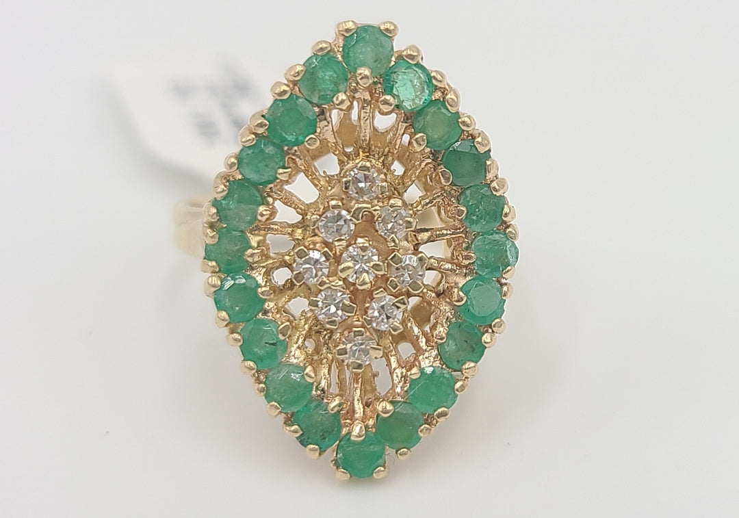 k960 Stunning Vintage 14kt Yellow Gold Emerald and Diamond Marquise Shaped Cocktail Ring