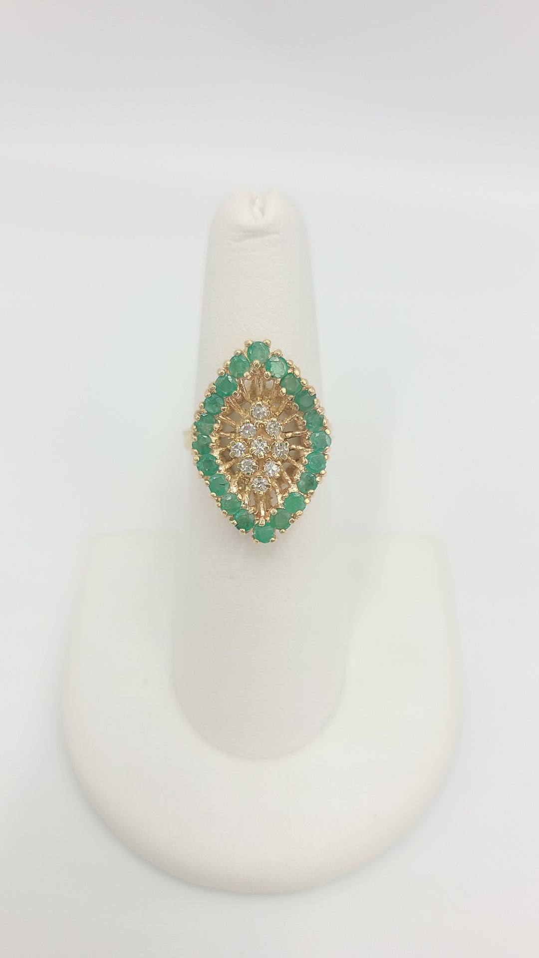 k960 Stunning Vintage 14kt Yellow Gold Emerald and Diamond Marquise Shaped Cocktail Ring
