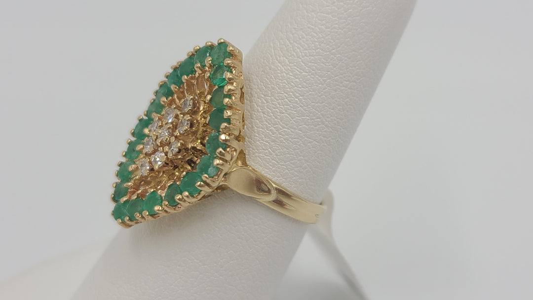 k960 Stunning Vintage 14kt Yellow Gold Emerald and Diamond Marquise Shaped Cocktail Ring