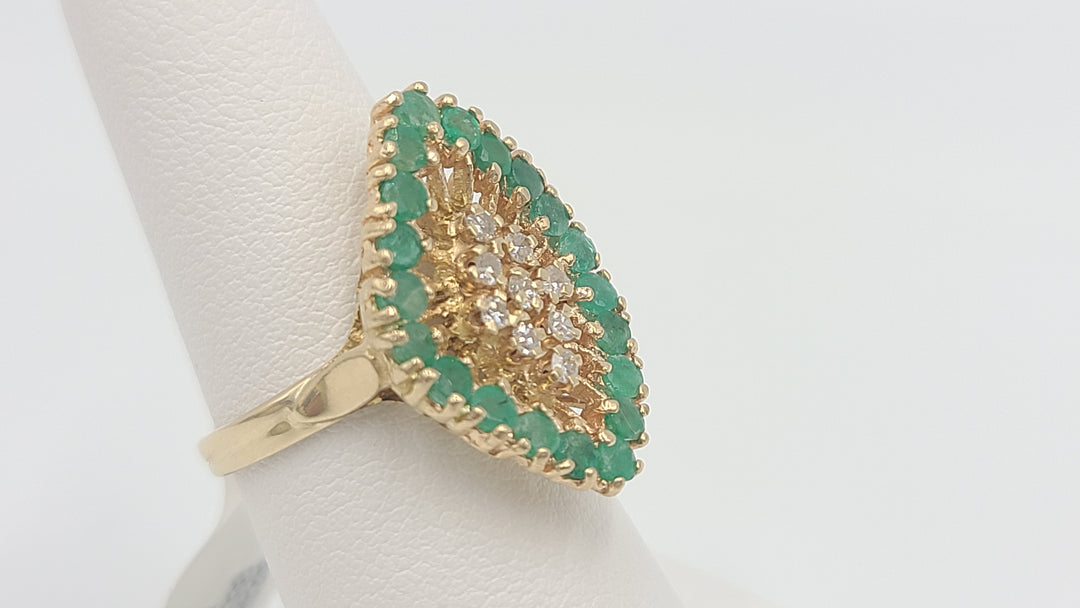 k960 Stunning Vintage 14kt Yellow Gold Emerald and Diamond Marquise Shaped Cocktail Ring
