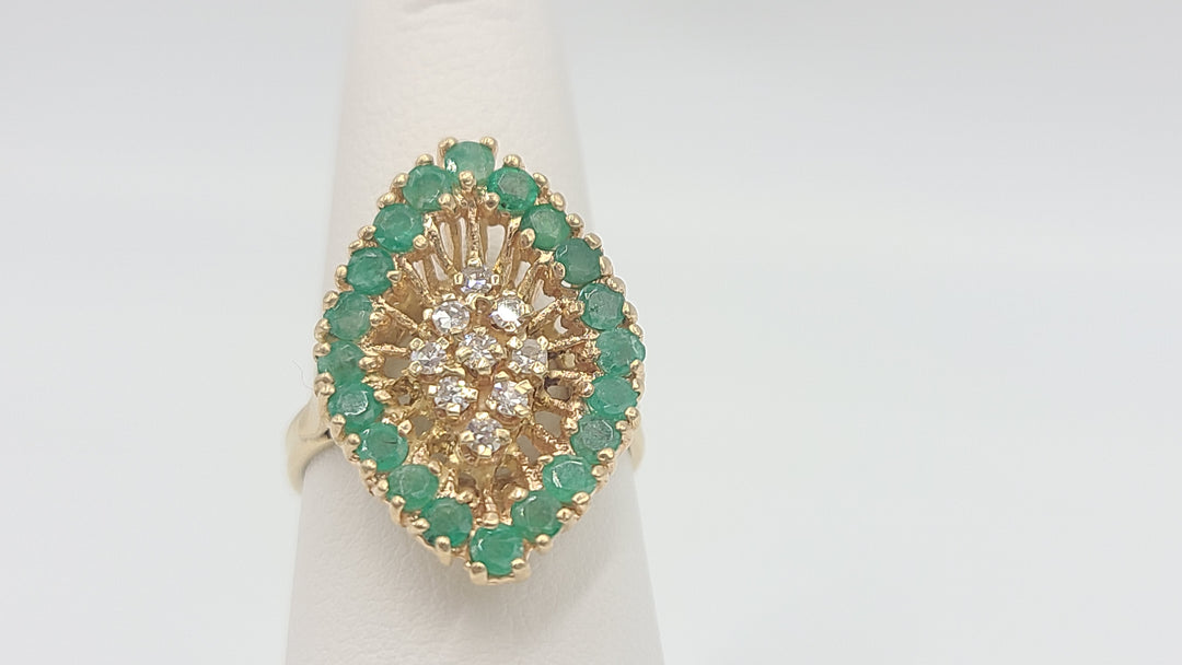 k960 Stunning Vintage 14kt Yellow Gold Emerald and Diamond Marquise Shaped Cocktail Ring