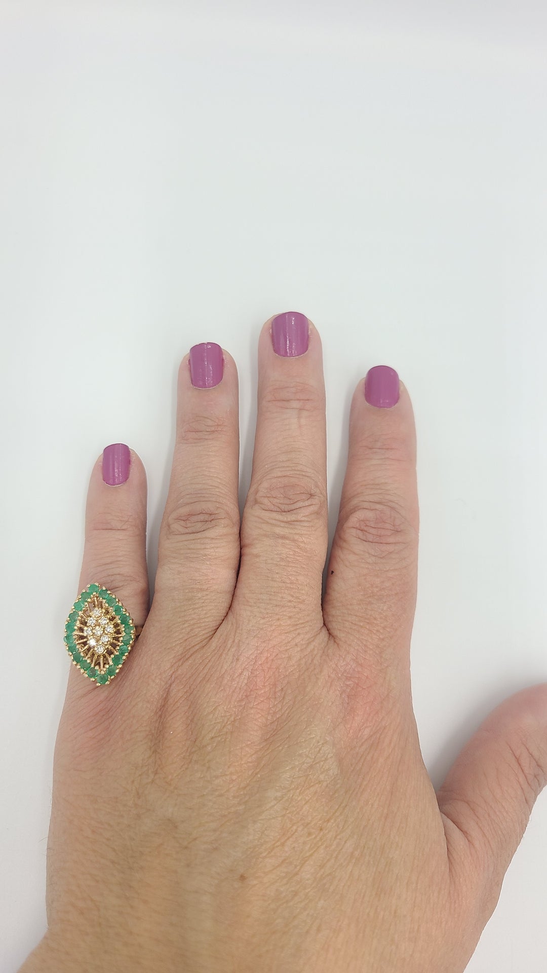 k960 Stunning Vintage 14kt Yellow Gold Emerald and Diamond Marquise Shaped Cocktail Ring