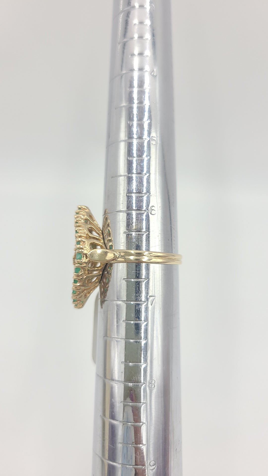 k960 Stunning Vintage 14kt Yellow Gold Emerald and Diamond Marquise Shaped Cocktail Ring