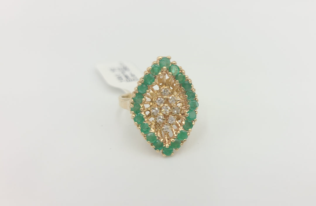 k960 Stunning Vintage 14kt Yellow Gold Emerald and Diamond Marquise Shaped Cocktail Ring