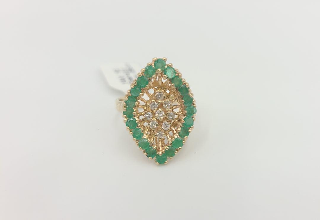 k960 Stunning Vintage 14kt Yellow Gold Emerald and Diamond Marquise Shaped Cocktail Ring