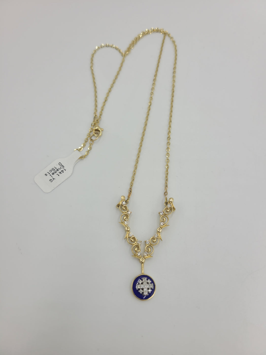 k744 Lovely 14kt Yellow Gold Anbinder Jerusalem 20" Link Necklace and Moveable Diamond and Enamel Pendant