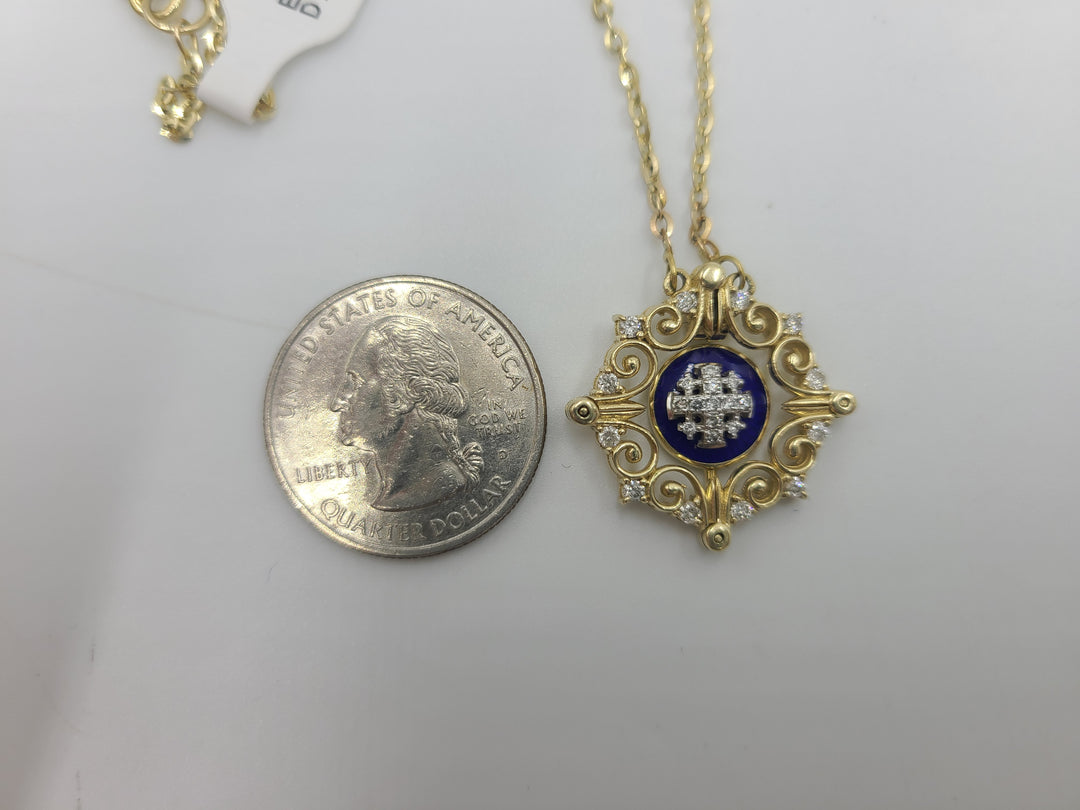 k744 Lovely 14kt Yellow Gold Anbinder Jerusalem 20" Link Necklace and Moveable Diamond and Enamel Pendant