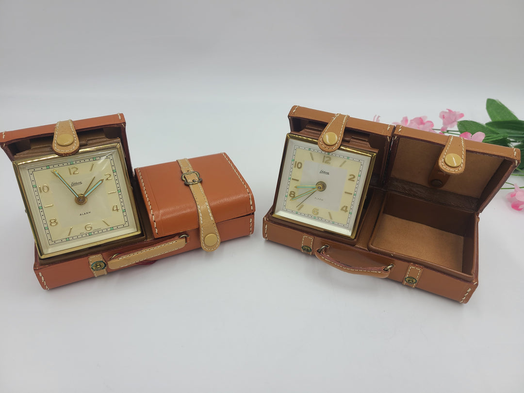 h403 (2) Leather Luggage Style Folding Endura Travel Alarm Clocks