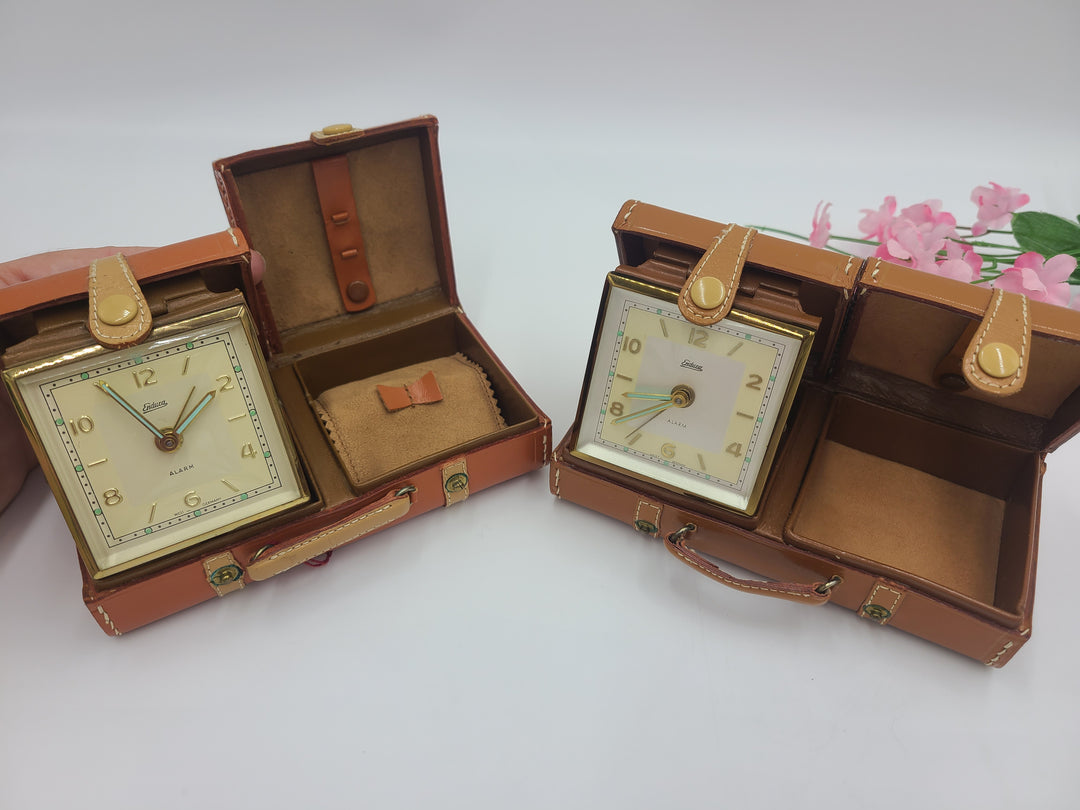 h403 (2) Leather Luggage Style Folding Endura Travel Alarm Clocks