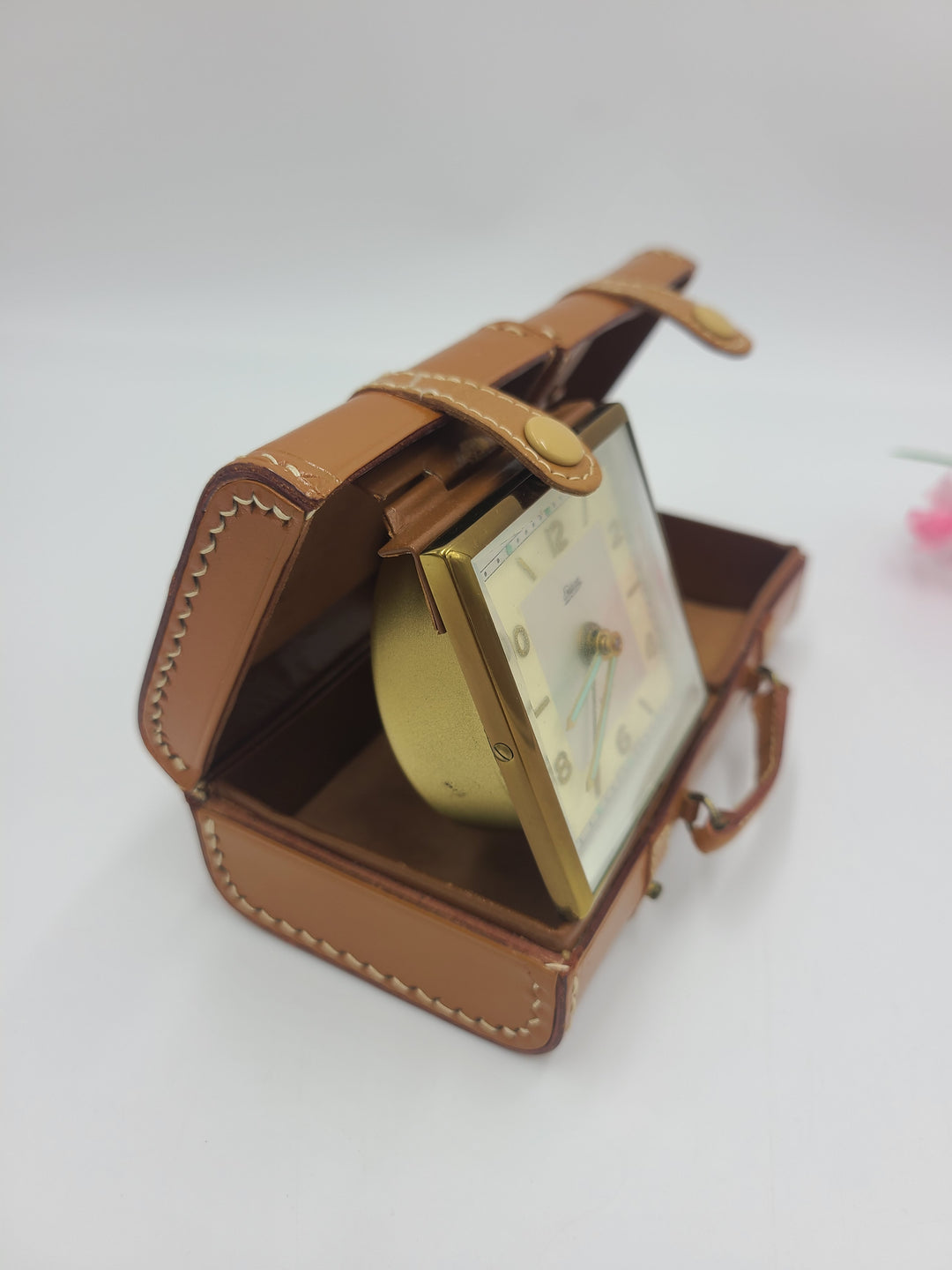 h403 (2) Leather Luggage Style Folding Endura Travel Alarm Clocks