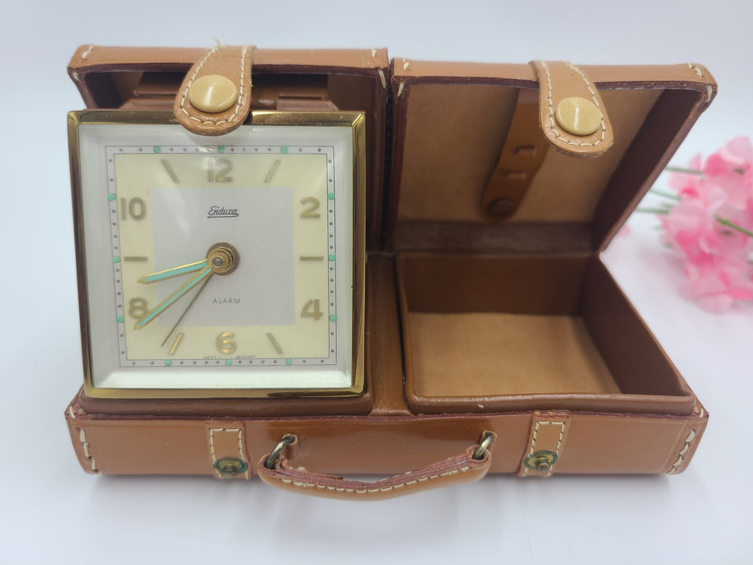 h403 (2) Leather Luggage Style Folding Endura Travel Alarm Clocks