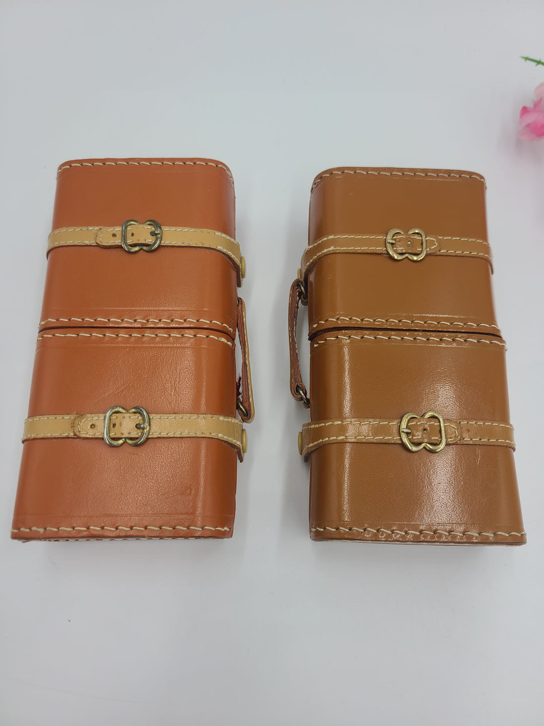 h403 (2) Leather Luggage Style Folding Endura Travel Alarm Clocks