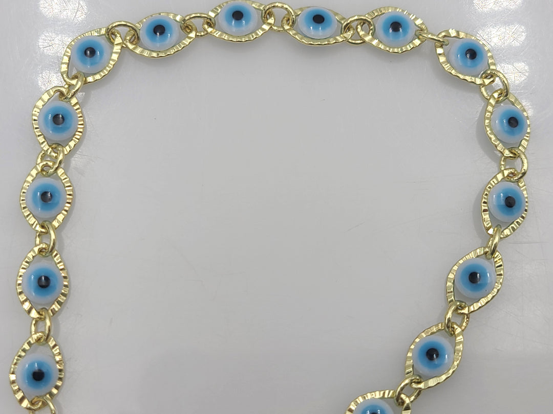 p449 Gold Tone Blue Evil Eye Luck Bracelet