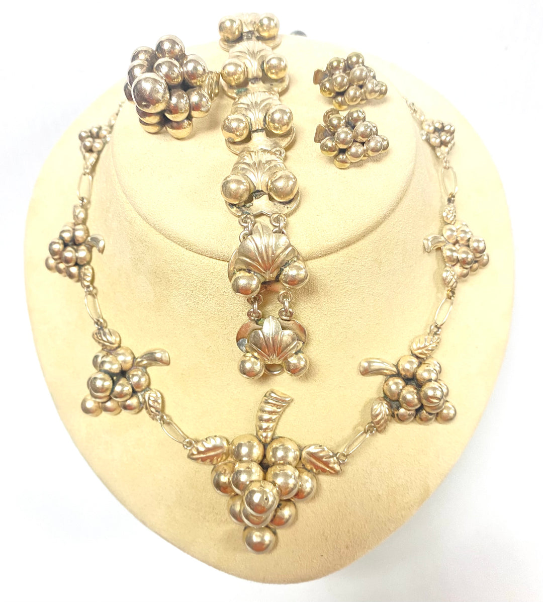 h854 Vintage Sterling Silver Necklace Bracelet Ring Earrings Set Grape Bunch