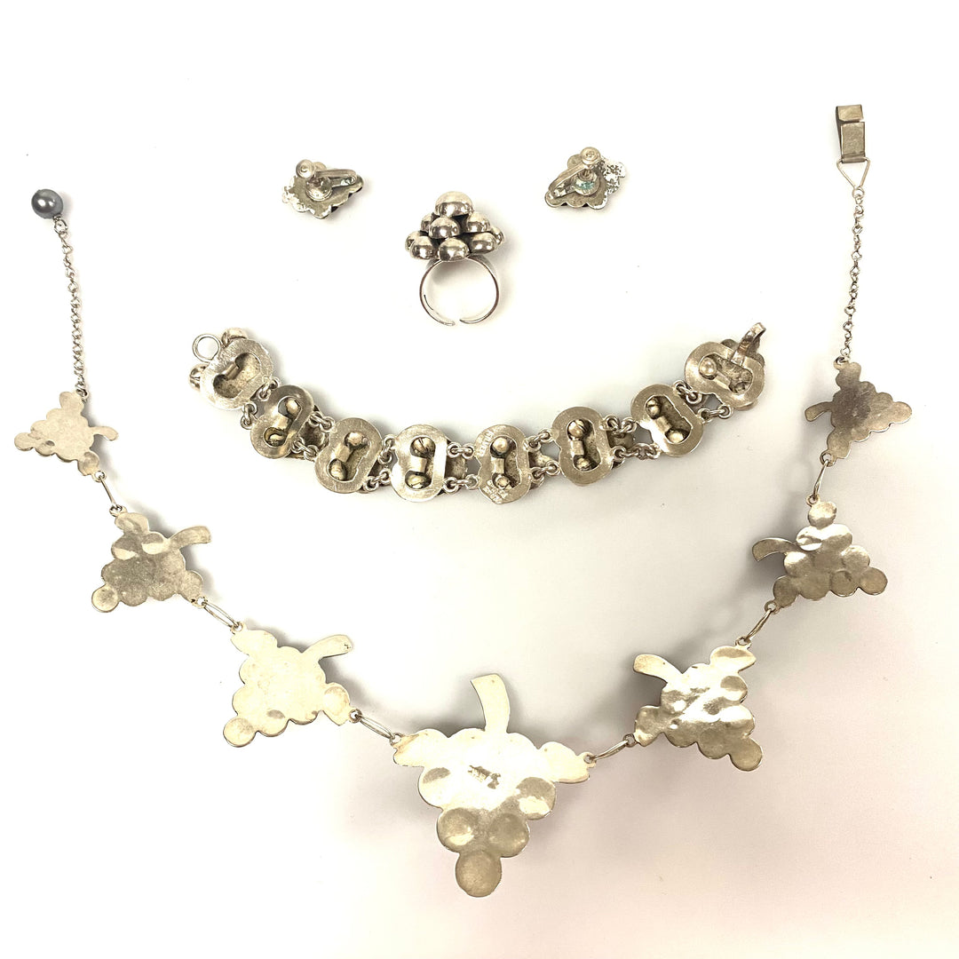 h854 Vintage Sterling Silver Necklace Bracelet Ring Earrings Set Grape Bunch