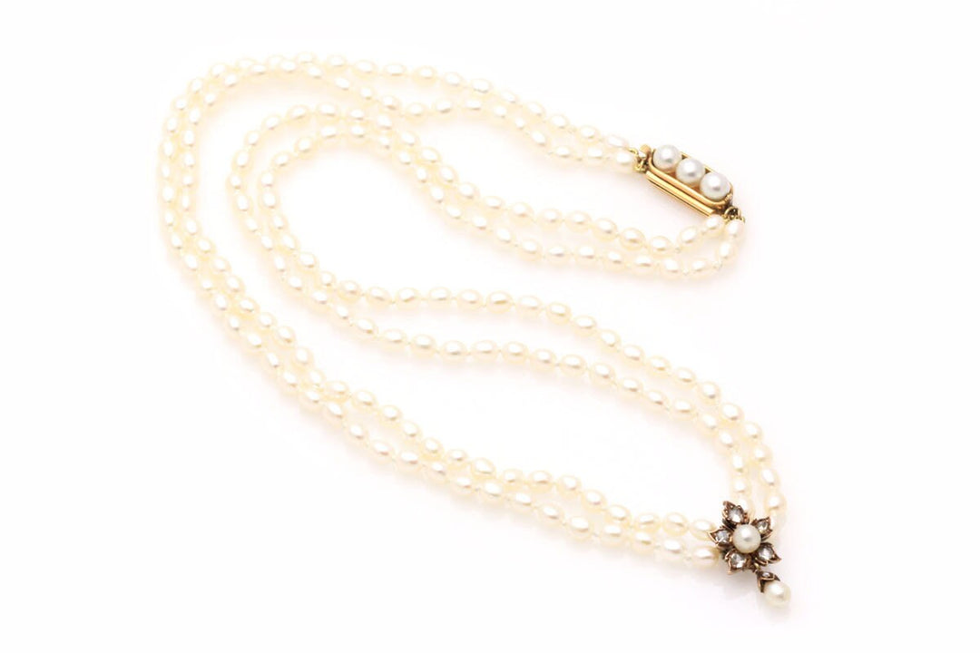 u981 Antique Victorian Rose Cut Diamond & Pearl Flower Double Strand Necklace