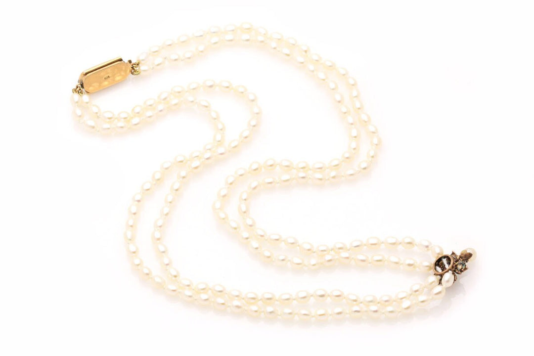 u981 Antique Victorian Rose Cut Diamond & Pearl Flower Double Strand Necklace