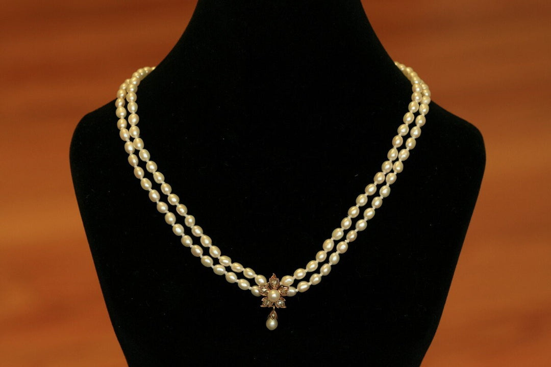 u981 Antique Victorian Rose Cut Diamond & Pearl Flower Double Strand Necklace
