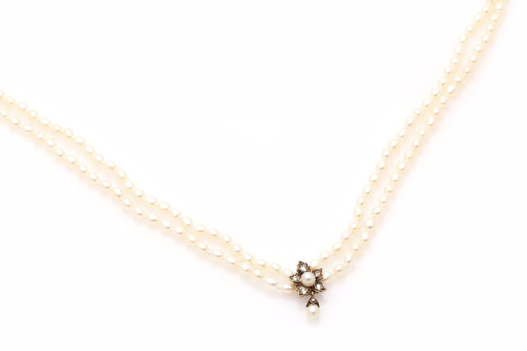 u981 Antique Victorian Rose Cut Diamond & Pearl Flower Double Strand Necklace