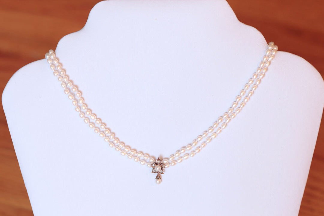 u981 Antique Victorian Rose Cut Diamond & Pearl Flower Double Strand Necklace
