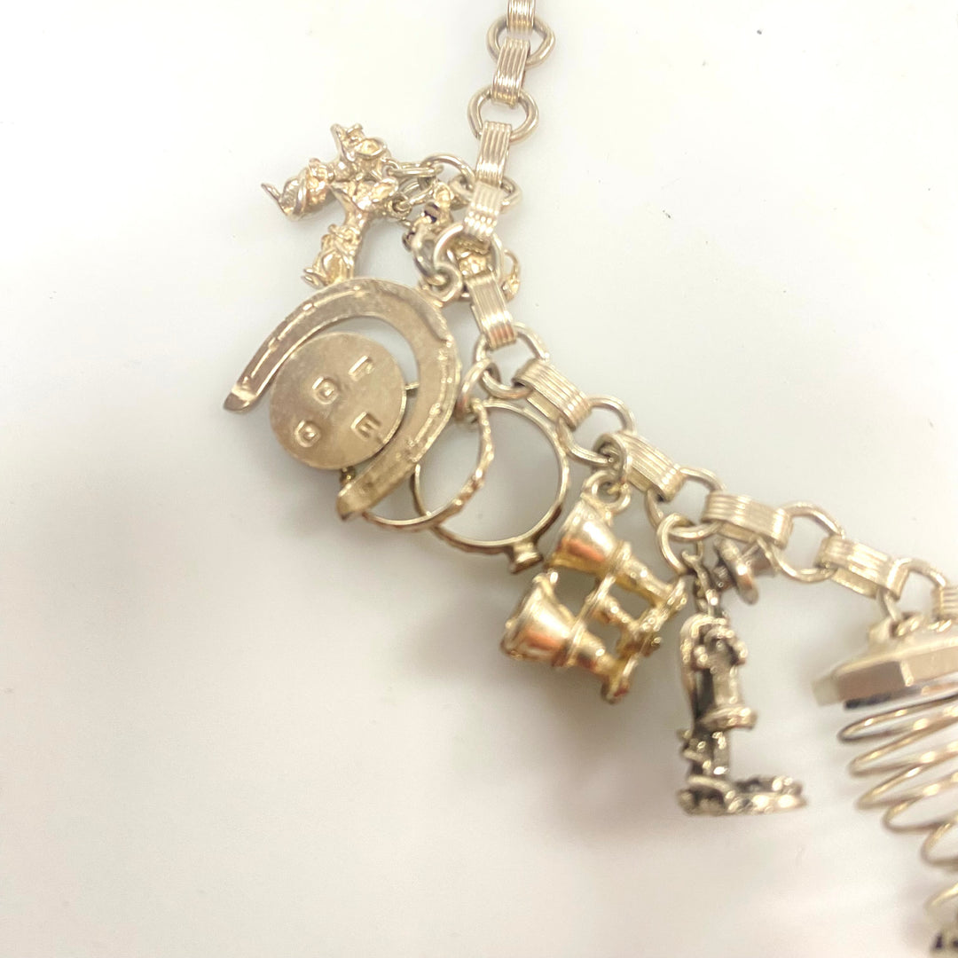 j848 Vintage Sterling Silver Chain Bracelet with multiple Various Charm Pendants