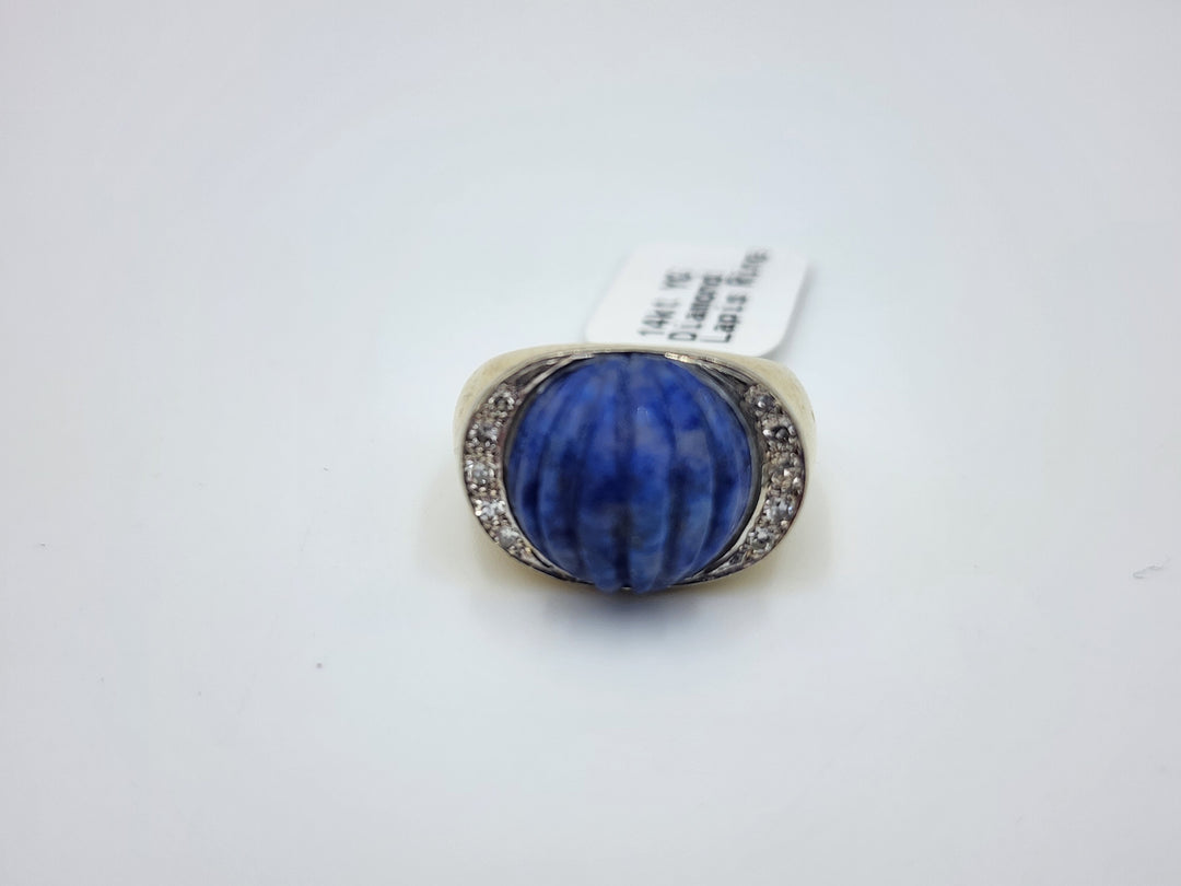 e665 Vintage Unisex 14kt Yellow Gold Domed Lapis Lazuli and Diamond Ring