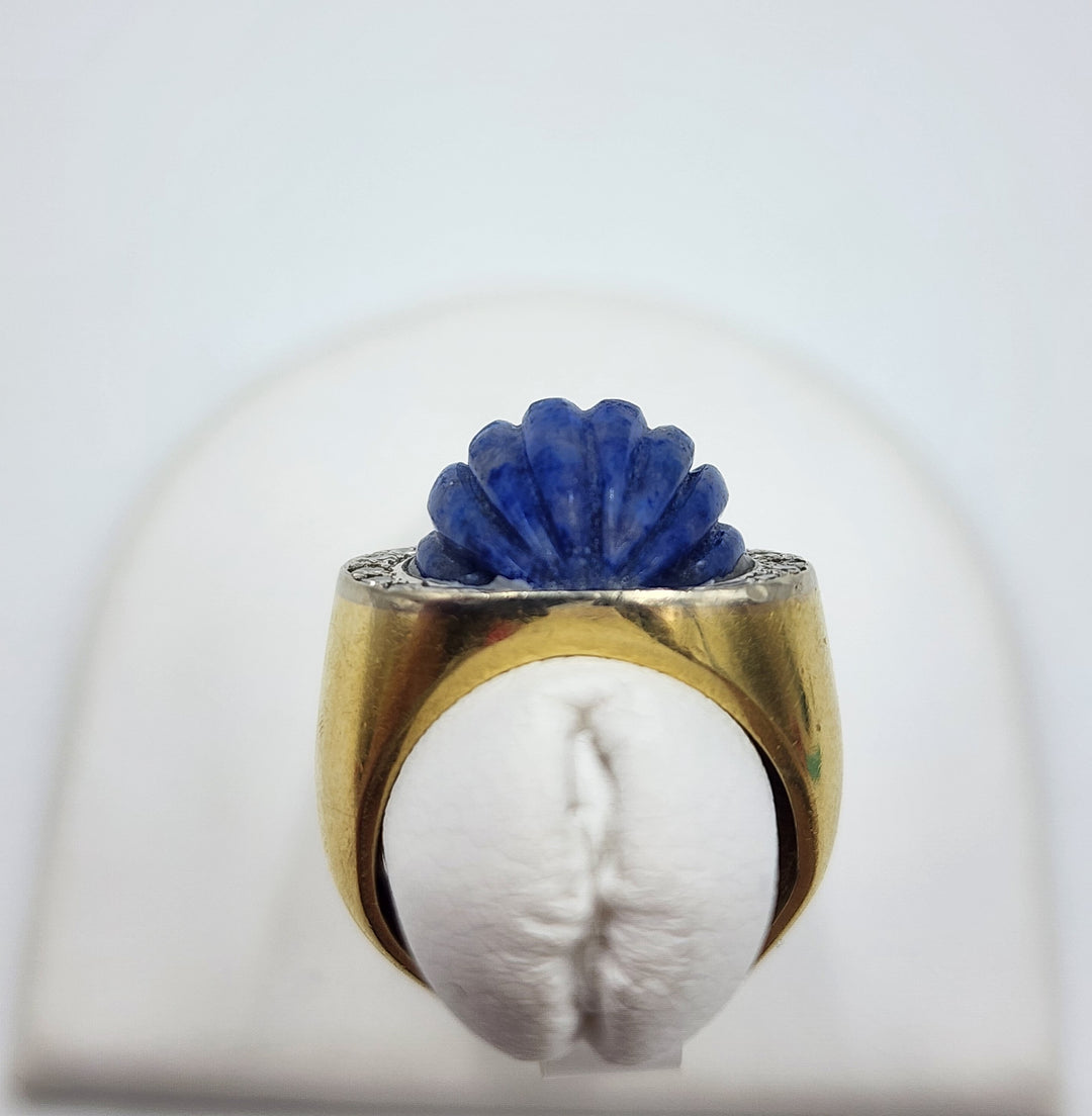 e665 Vintage Unisex 14kt Yellow Gold Domed Lapis Lazuli and Diamond Ring