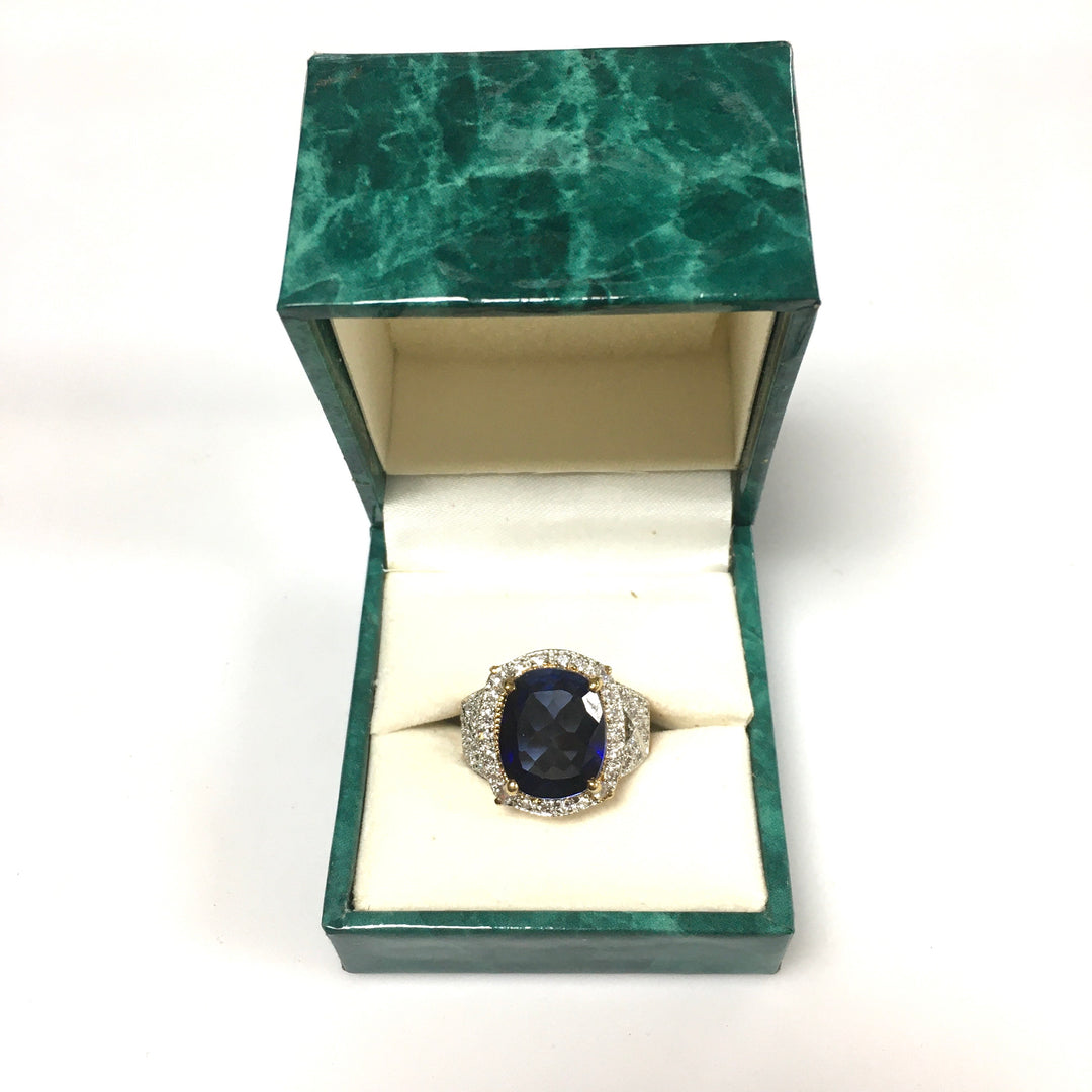 m727 Vintage Suzanne Somers Cushion-cut Blue Gemstone 925 Sterling Ring Size 9