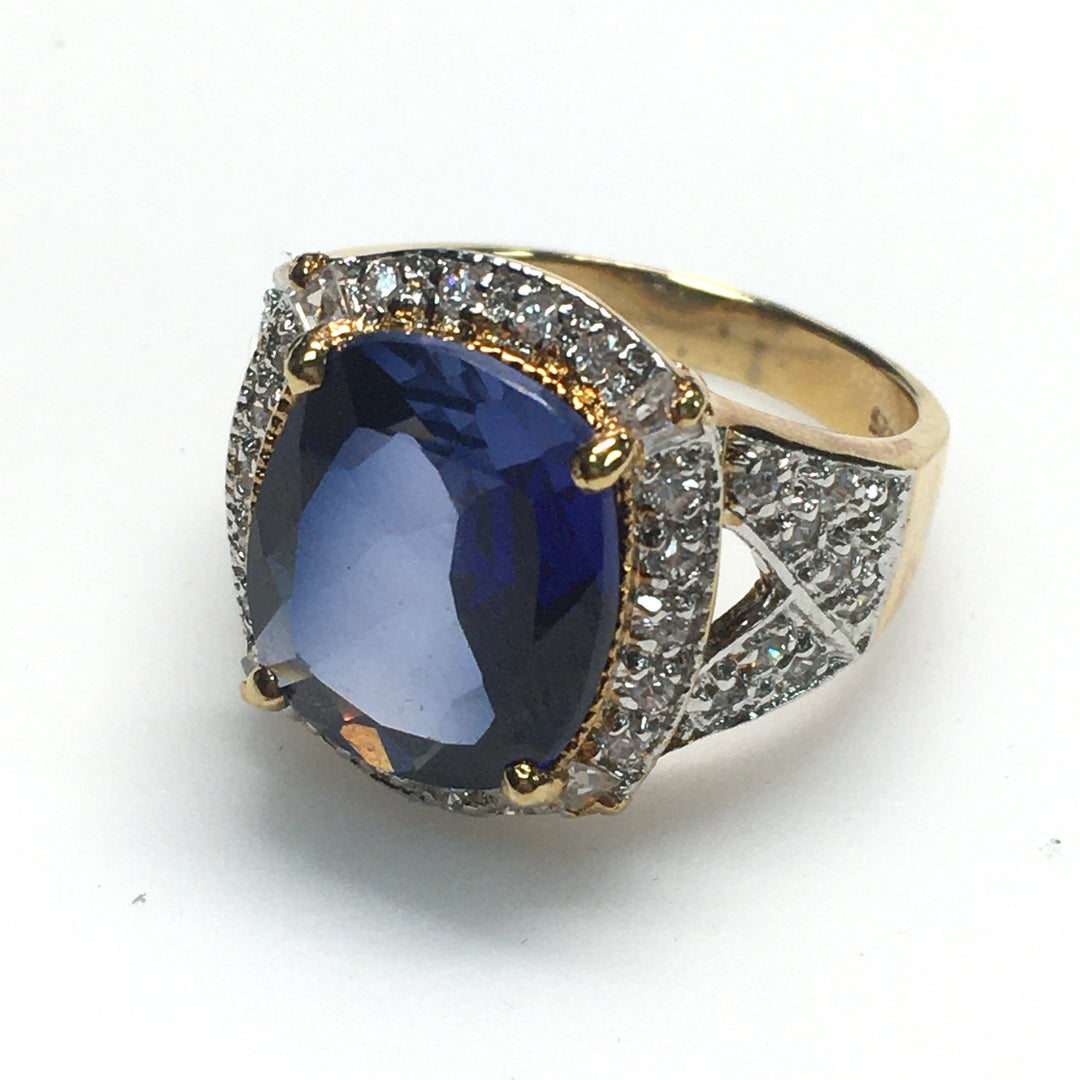 m727 Vintage Suzanne Somers Cushion-cut Blue Gemstone 925 Sterling Ring Size 9