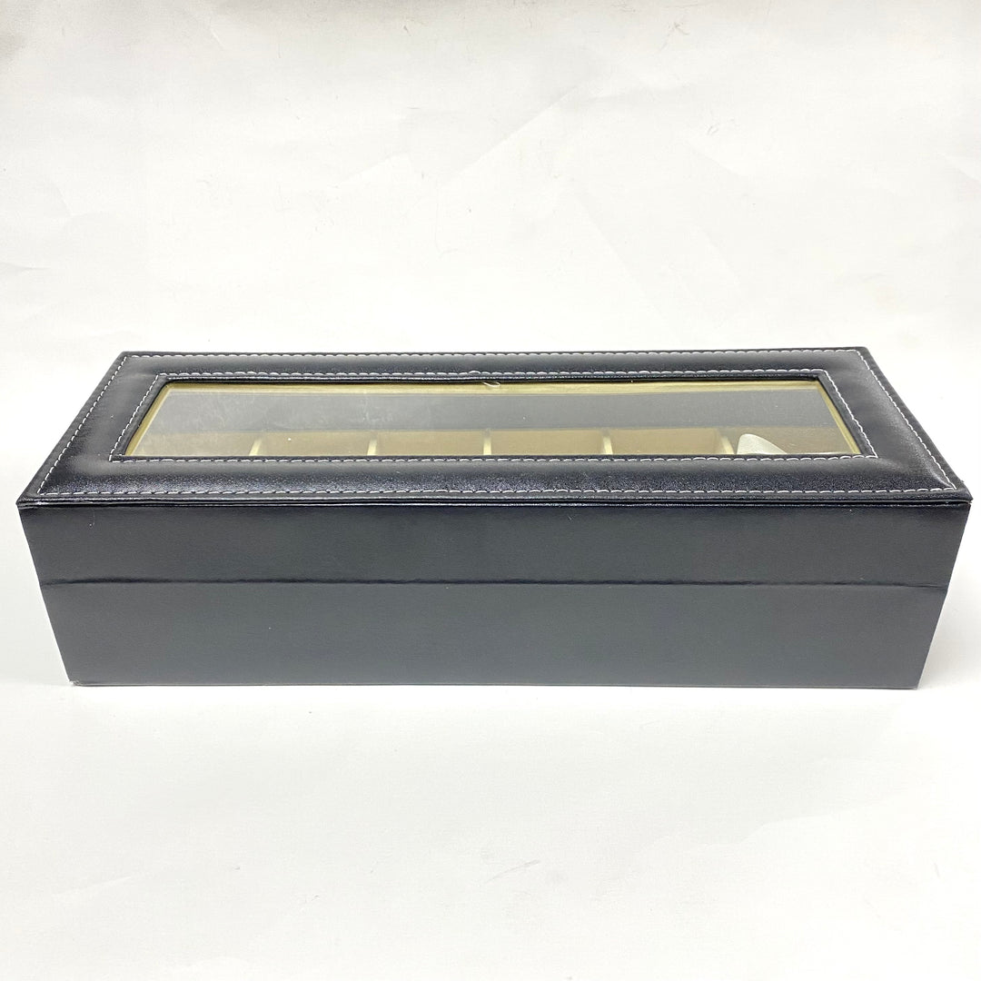 m728 Black Leather 6 Watch Display Storage Case with Clear Top and Locking Clasp