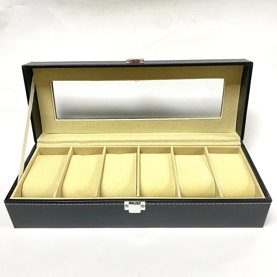 m728 Black Leather 6 Watch Display Storage Case with Clear Top and Locking Clasp
