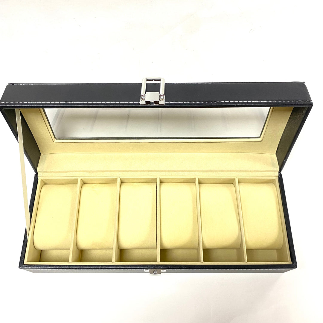 m728 Black Leather 6 Watch Display Storage Case with Clear Top and Locking Clasp
