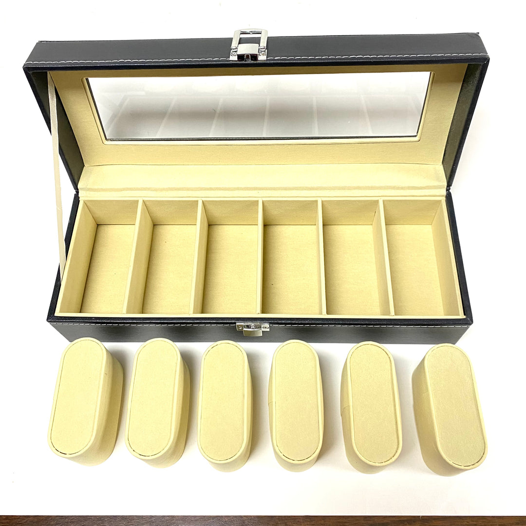 m728 Black Leather 6 Watch Display Storage Case with Clear Top and Locking Clasp