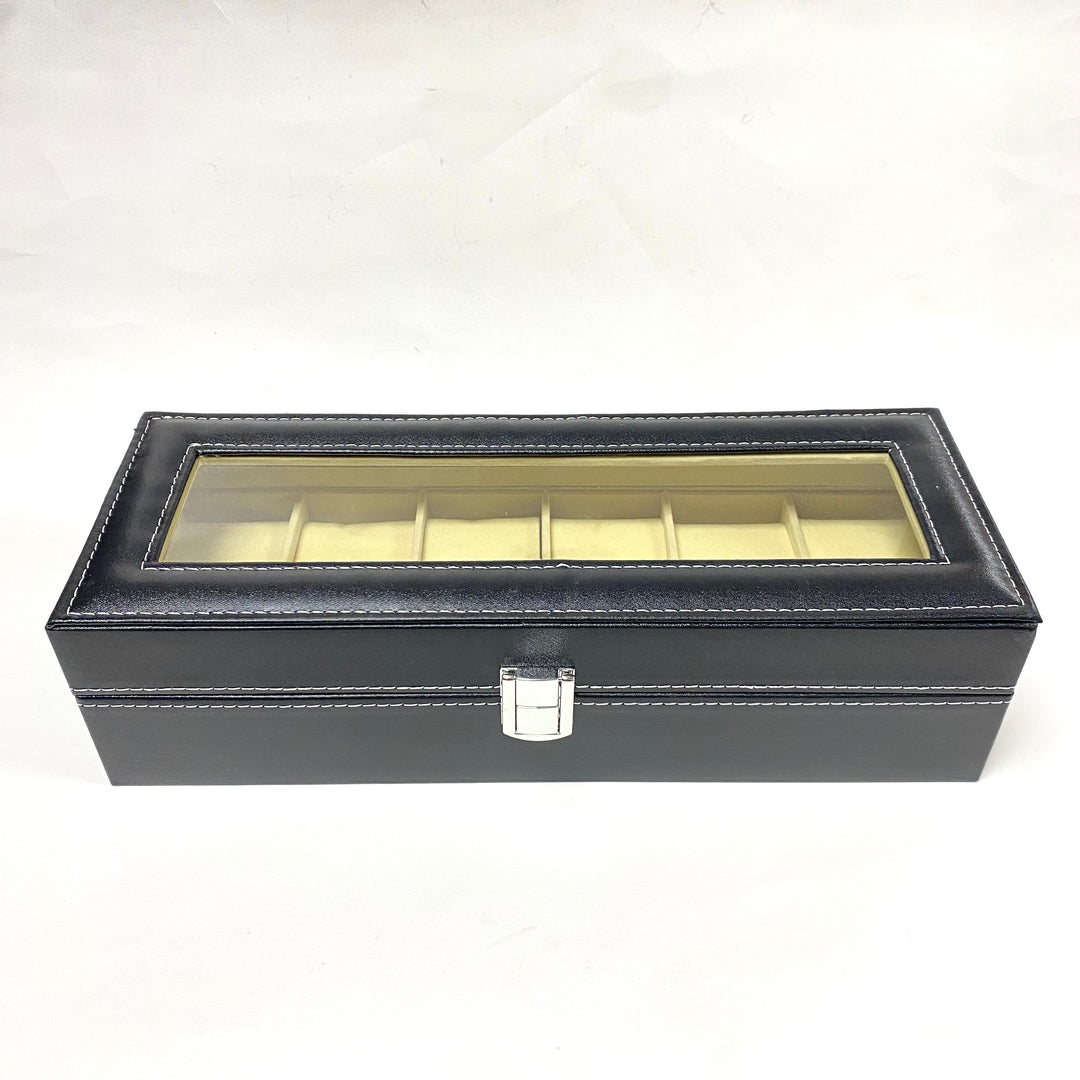 m728 Black Leather 6 Watch Display Storage Case with Clear Top and Locking Clasp