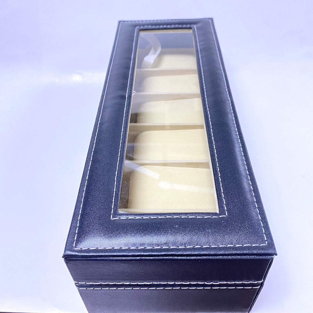 m728 Black Leather 6 Watch Display Storage Case with Clear Top and Locking Clasp