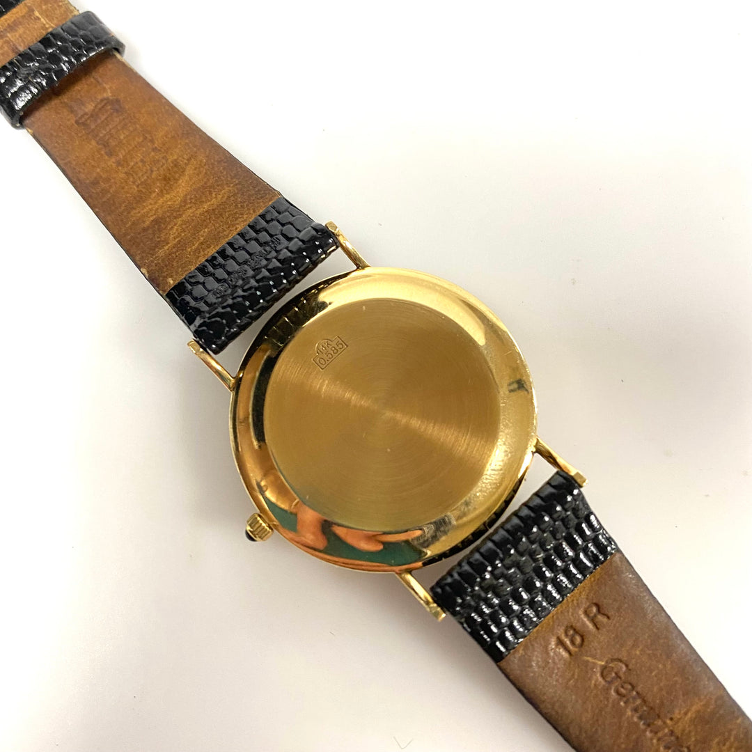 m730 Vintage Geneve 14K Yellow Gold Blue Sunburst Dial Swiss Quartz Wrist Watch
