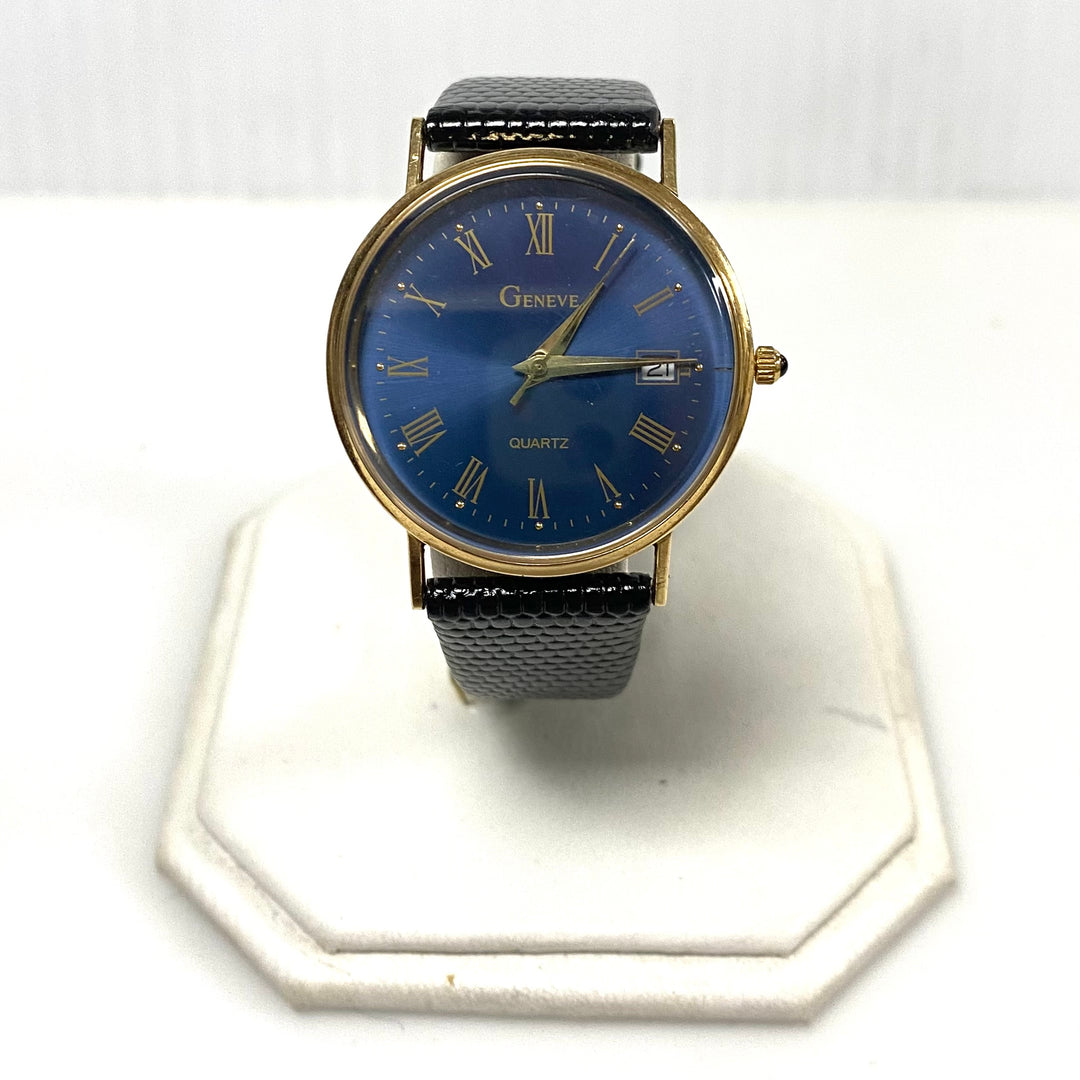 m730 Vintage Geneve 14K Yellow Gold Blue Sunburst Dial Swiss Quartz Wrist Watch