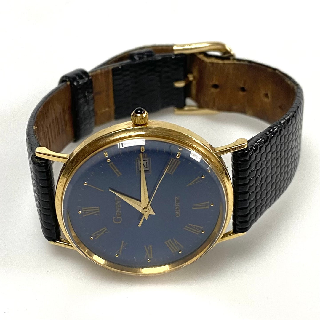 m730 Vintage Geneve 14K Yellow Gold Blue Sunburst Dial Swiss Quartz Wrist Watch